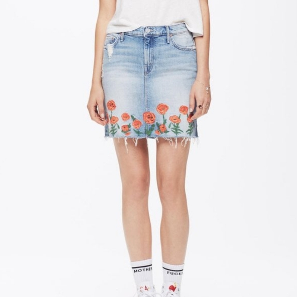 Mother superior high waisted straight A mini fray jean embroidered skirt